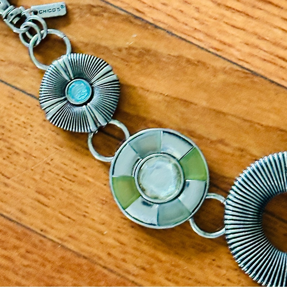Chico's Silver Chain Statement Belt with blue & green accents - Picture 3 of 10